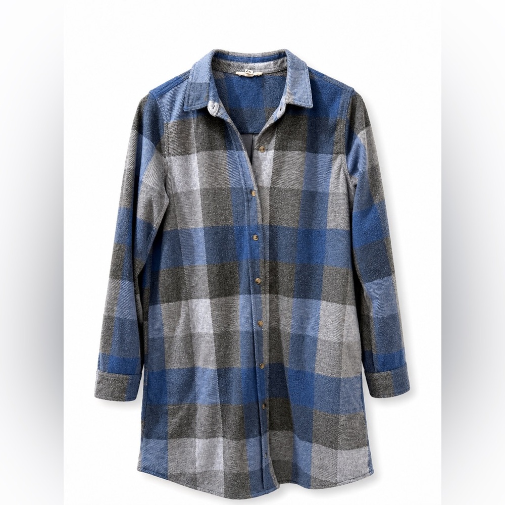 BeachLunchLounge Collection Plaid Tunic Shacket M Blue Gray Soft Brushed Button